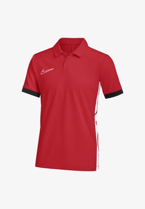 Czerwona koszulka polo Nike z krótkim rękawem, czarnymi mankietami i białymi bocznymi panelami z czerwonymi akcentami.