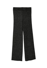 Pantalon noir à jambes larges en tissu texturé avec une légère brillance, doté d'une ceinture élastique et sans fermetures visibles ni poches.