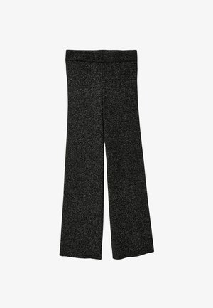 Pantalon noir à jambes larges en tissu texturé avec une légère brillance, doté d'une ceinture élastique et sans fermetures visibles ni poches.