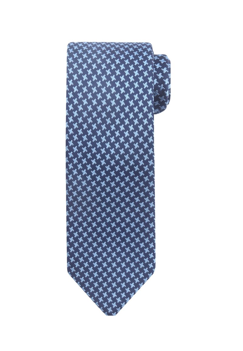 Marineblauwe stropdas met een geometrisch patroon van lichtblauwe kruisen, gemaakt van gladde stof; heeft een puntige punt en een gerolde stijl.