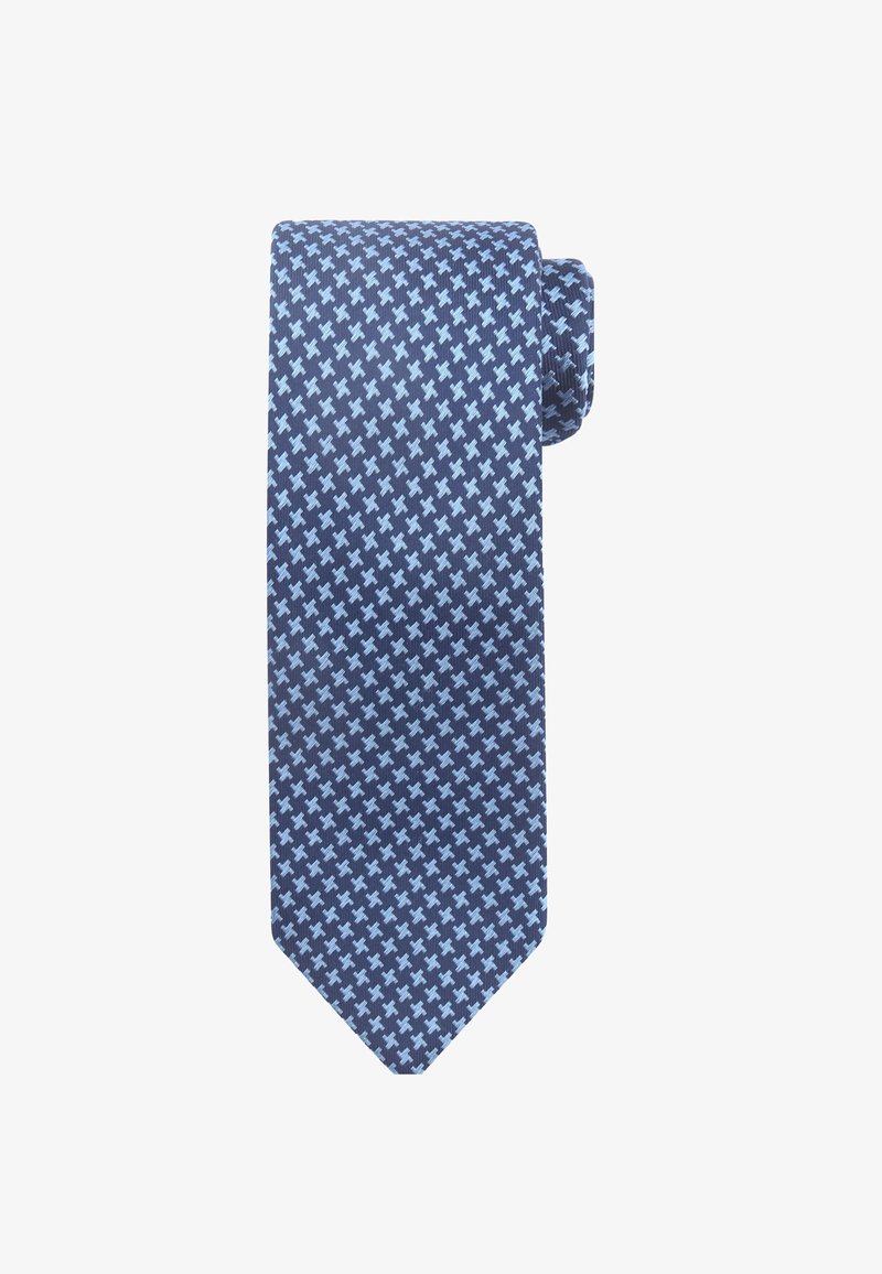 Marineblauwe stropdas met een geometrisch patroon van lichtblauwe kruisen, gemaakt van gladde stof; heeft een puntige punt en een gerolde stijl.