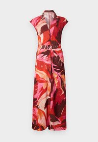 Robe maxi florale avec manches courtes, présentant une palette de couleurs vibrantes de rose et de rouge, une ceinture avec boucle circulaire et un col.
