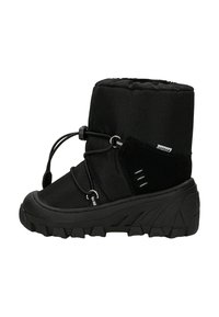 Stivale invernale nero con tomaia in tessuto, suola in gomma e coulisse regolabile. Presenta dettagli testurizzati e punta rinforzata.