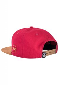 Red cap with a textured cotton body and a brown suede brim. Features an embroidered logo on the side and an adjustable plastic snapback closure.