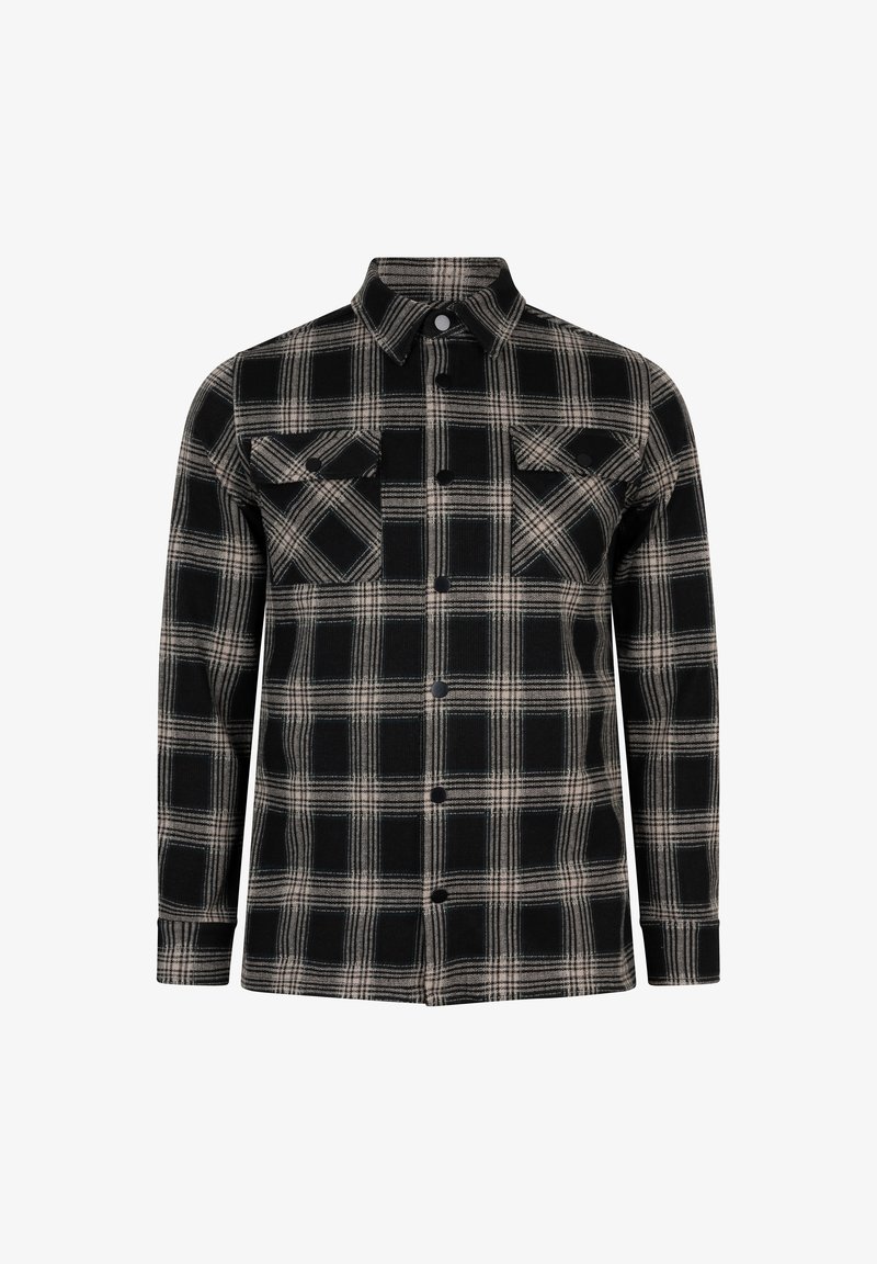 Czarna i beżowa koszula w kratę z guzikami, z dwiema kieszeniami na piersi, długimi rękawami i kołnierzykiem. Teksturowany wzór materiału w całej koszuli.