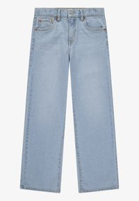 Světlé modré džínové kalhoty se širokými nohavicemi, s knoflíkovým zapínáním, pětikapsovým střihem a jemnými detaily šití.