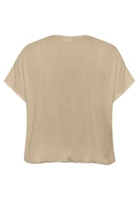 Beige blouse met korte mouwen en een relaxte pasvorm, met een gladde textuur en een afgeronde zoom. Geen zichtbare patronen of versieringen.
