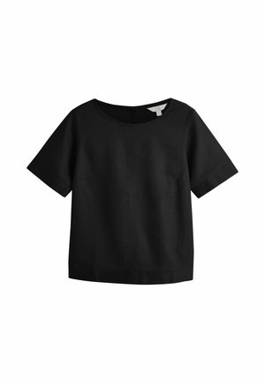Bluză neagră cu mâneci scurte și decolteu rotund, realizată dintr-un material neted. Prezintă o croială lejeră și detalii minime de cusături.