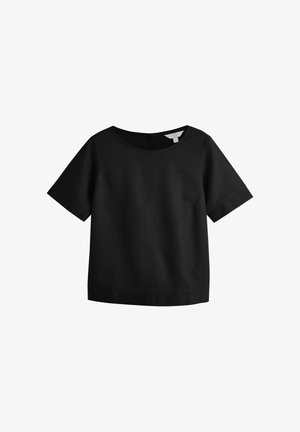 Top nero a maniche corte con scollo rotondo, realizzato in tessuto liscio. Presenta una vestibilità comoda e dettagli di cuciture minimaliste.