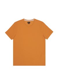 Camiseta de manga corta y cuello redondo en color naranja brillante, hecha de una tela texturizada, con un cuello interior blanco en contraste.