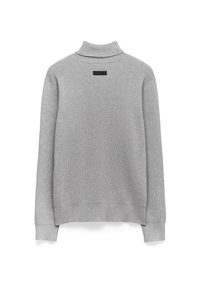 Szary sweter z golfem o prążkowanej fakturze, z długimi rękawami i prostym dołem. Posiada małą czarną metkę marki na plecach.