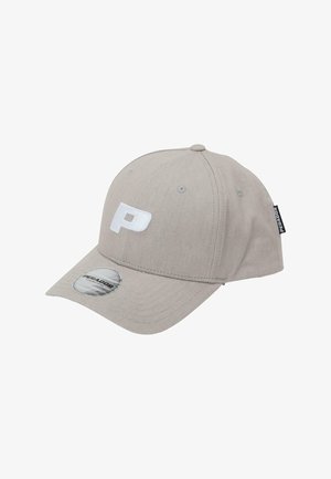 Gray baseball cap with a curved visor, featuring a stitched white letter "P" on the front and a round label on the visor.