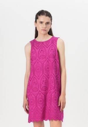 Fuchsia sleeveless dress with laser-cut floral patterns and scalloped hem. Made from lightweight fabric, featuring a round neckline.