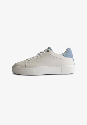 White leather sneaker with a smooth texture, light blue suede heel, and a flat white rubber sole. Features white laces and minimal design details.