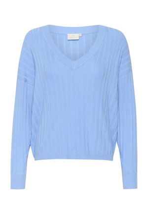Maglione azzurro chiaro a coste con scollatura a V, maniche lunghe e vestibilità comoda. Realizzato in un morbido tessuto con una texture a coste curata. Etichetta visibile all'interno.