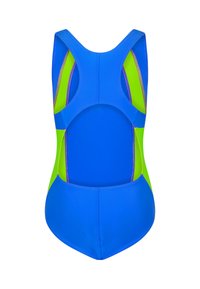 Einteiliger Badeanzug in Blau mit grünen Seitenpaneelen, Racerback-Design und glatter Textur, versehen mit lila Nähdetails.