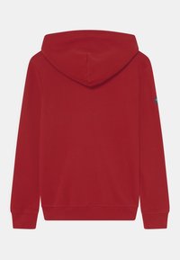 Felpa rossa unita con cappuccio, maniche lunghe, polsini a coste e una piccola macchia scura sul braccio sinistro superiore.