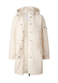 Long cream-colored hooded coat with front zipper, snap buttons, angled flap pockets, and a zippered pocket on the left sleeve.
