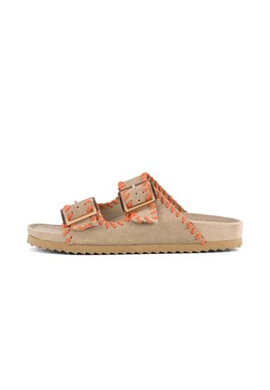 Suede sandals with orange stitching, dual buckles, and a textured rubber sole. Flat design with open toe and side cutouts.