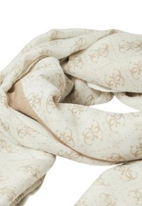 Sciarpa beige a motivo realizzata in tessuto morbido, caratterizzata da un design ripetuto e accenti cuciti a contrasto in una tonalità più chiara.
