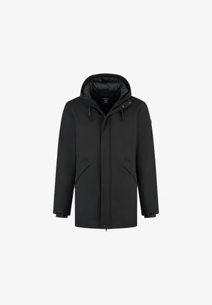 Zwarte winterjas met capuchon, voorrits, drukknoop, twee schuine voorkantenzakken en verstelbare polsbanden op de mouwen.