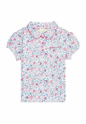 Chemise à manches courtes pour tout-petit avec motif floral rose et bleu, col arrondi, boutons sur le devant et petite poche poitrine avec bord festonné.