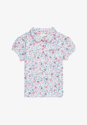Short-sleeve toddler shirt with pink and blue floral pattern, rounded collar, front buttons, and small chest pocket with scalloped edge.