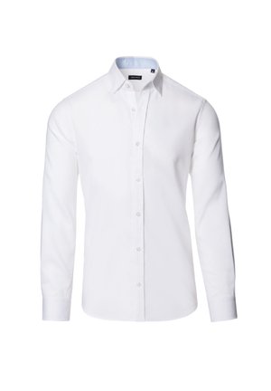 Biała koszula z długim rękawem wykonana z bawełny. Posiada kołnierzyk zapinany na guziki, guziki z przodu oraz wzorzyste wykończenie wewnątrz kołnierzyka. Gładka faktura.
