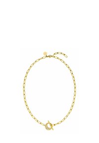 Gouden ketting met verlengde schakels, een togglesluiting met een met steen versierd rond detail, en een klein logo tag.