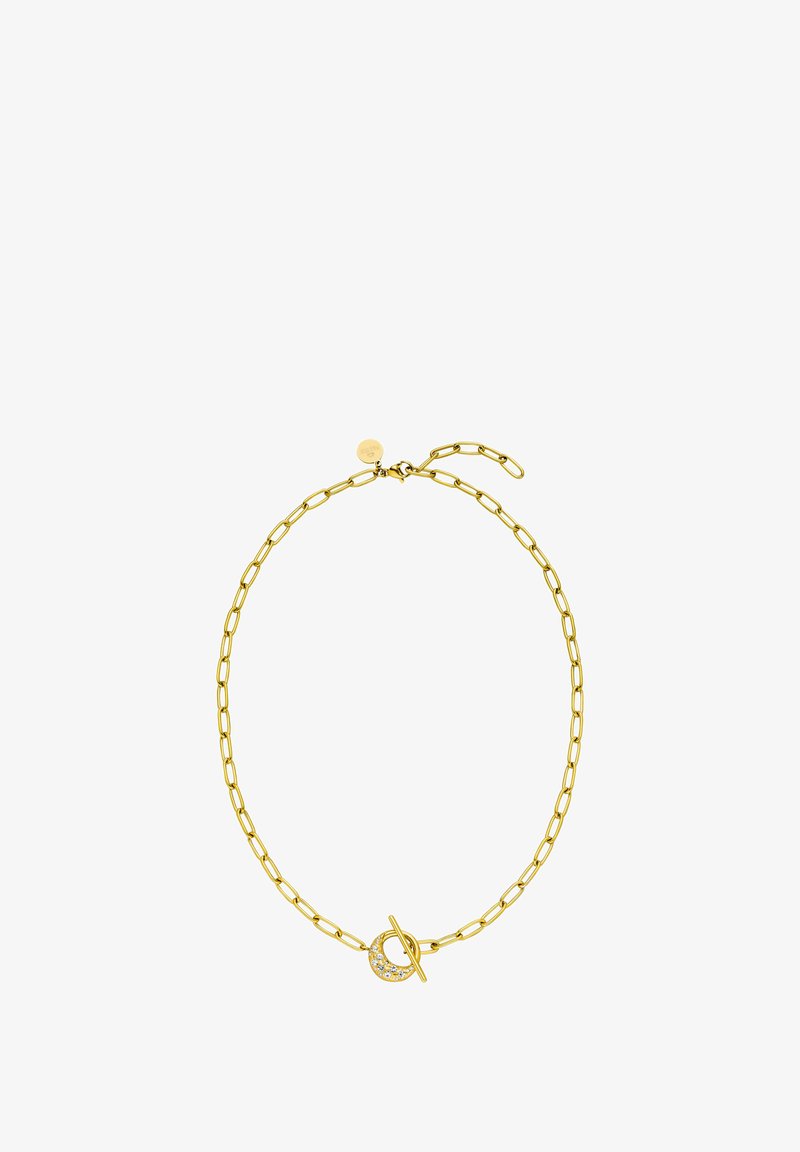 Goldkettchen-Halskette mit länglichen Gliedern, einem Toggleverschluss mit einem steinverzierten runden Detail und einem kleinen Logoshäfchen.