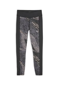 Leggings med ett flerfärgat djurtryck i nyanser av grått och beige, med svarta sidopaneler och en bred midjeband.