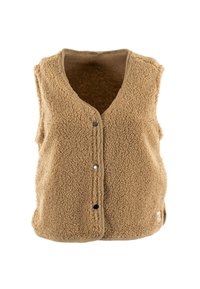 Gilet in pile marrone con superficie texturizzata, design a V, bottoni a pressione frontalmente e un piccolo logo sul lato. Senza maniche.