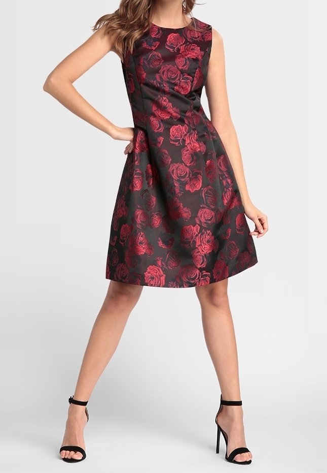 Robe noire à motif de roses rouges, sans manches, jupe évasée, tissu lisse et col rond.