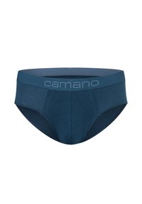 Męskie majtki typu bokserki w ciemnoniebieskim kolorze. Materiał mieszanki bawełny. Elastyczny pas z logo "camano". Gładka tekstura, dopasowany kształt. Brak wzorów.