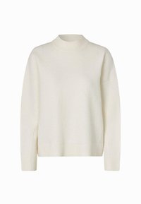 Maglione color crema con collo alto a coste, maniche lunghe e vestibilità rilassata. Tessuto morbido con spalle leggermente scese e polsini a coste.