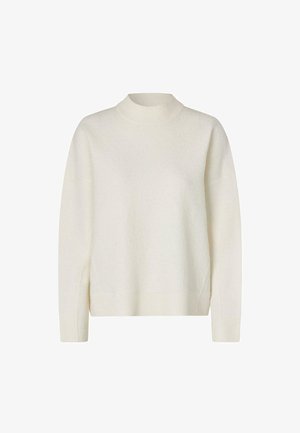 Krémový svetr s vysokým pružným límcem, dlouhými rukávy a volným střihem. Měkká textura s mírně spadlými rameny a pružnými manžetami.