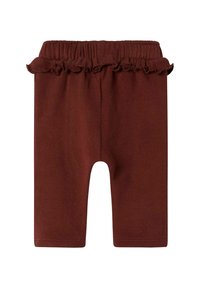 Leggings marroni per bambini con vita elasticizzata e piccolo dettaglio a ruffle lungo il bordo superiore, realizzati in morbido tessuto a maglia.
