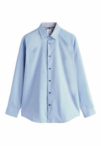 Helehall sinine ruuduline pikkade varrukatega nööbitav särk, millel on klassikaline krae ja tumesinised nööbid ees.