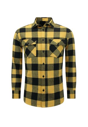 Overhemd met lange mouwen met een geel-zwart geruit patroon en twee borstzakken met knoopsluiting op een witte achtergrond.