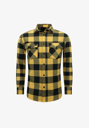 Overhemd met lange mouwen met een geel-zwart geruit patroon en twee borstzakken met knoopsluiting op een witte achtergrond.