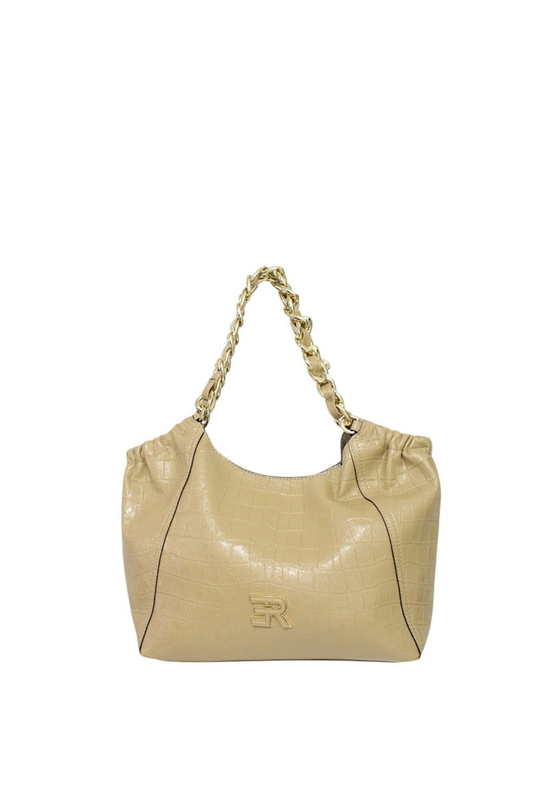 Borsa a tracolla in ecopelle beige con texture a stampa coccodrillo, manico a catena, parte superiore arricciata e un accento logo dorato sul davanti.