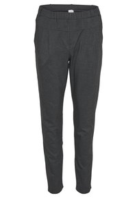 Grå byxor med en sträckt midja, avsmalnande ben och framfållningar. Tillverkade av ett mjukt tyg med en subtil struktur.