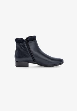 Marineblaue Lederstiefelette mit glatter Oberfläche, seitlichem Reißverschluss und niedrigem Blockabsatz. Verfügt über einen weichen Textilkragen für zusätzlichen Komfort.