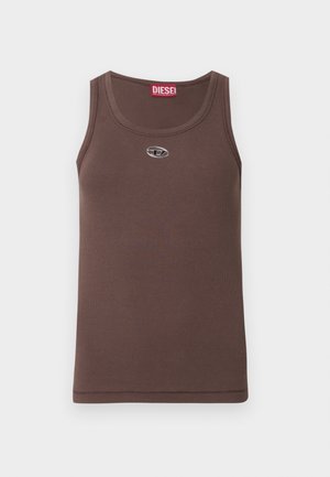 Brown ribbed tank top made of soft material with a rounded neckline, featuring a small silver logo on the chest and red label at the collar.