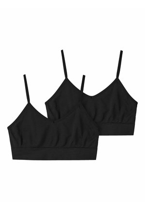 Deux bralettes noires sans couture avec des bretelles fines réglables et une large bande sous la poitrine sur fond blanc.