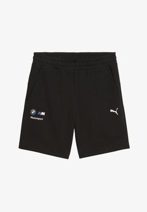 Sorte atletikshorts med elastisk talje, BMW Motorsport-logo på venstre ben og hvid Puma-logo på højre ben, forfra.