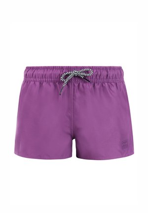 Lila Badeshorts mit elastischem Bund und schwarz-weißem Kordelzug, mit kleinem Logo am rechten unteren Bein.
