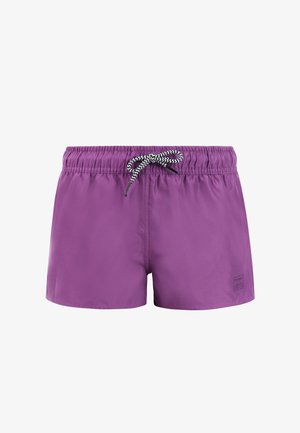 Pantalones cortos de baño morados con cintura elástica y cordón blanco y negro, con un pequeño logo en la parte inferior derecha de la pierna.