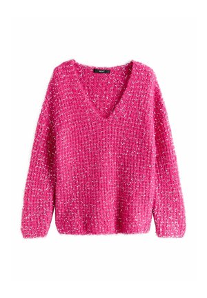 Fuzzy pink knitted sweater with a V-neck, long sleeves, and a soft textured appearance, featuring metallic threads for added detail.