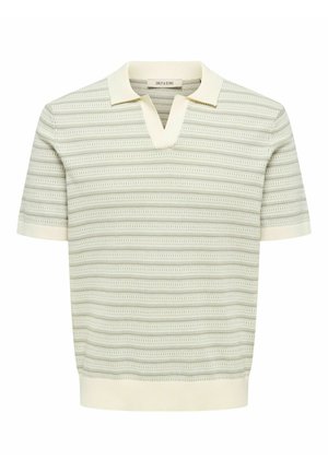 Polo en maille beige à manches courtes avec des rayures horizontales texturées, un col en V fendu, des poignets et une taille côtelés.